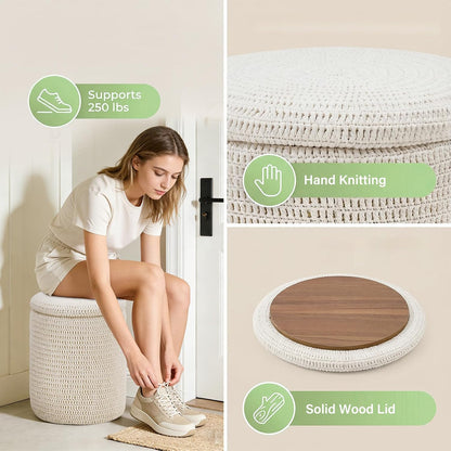 Wimarsbon Pouf Ottoman, 100% Cotton Knitted Boho Footstool, Round Footrest with Non-Skid Wood Legs, Home Décor Handmade Pouffe, Leisure Floor Step Stool for Living Room (Beige)