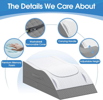 TranquilRelax Elevation Pillows for Leg After Surgery, Memory Foam Adjustable Wedge Pillow for Injury or Rest, Ankle Pillow for Sleeping Blood Circulation, Grey/Single Leg