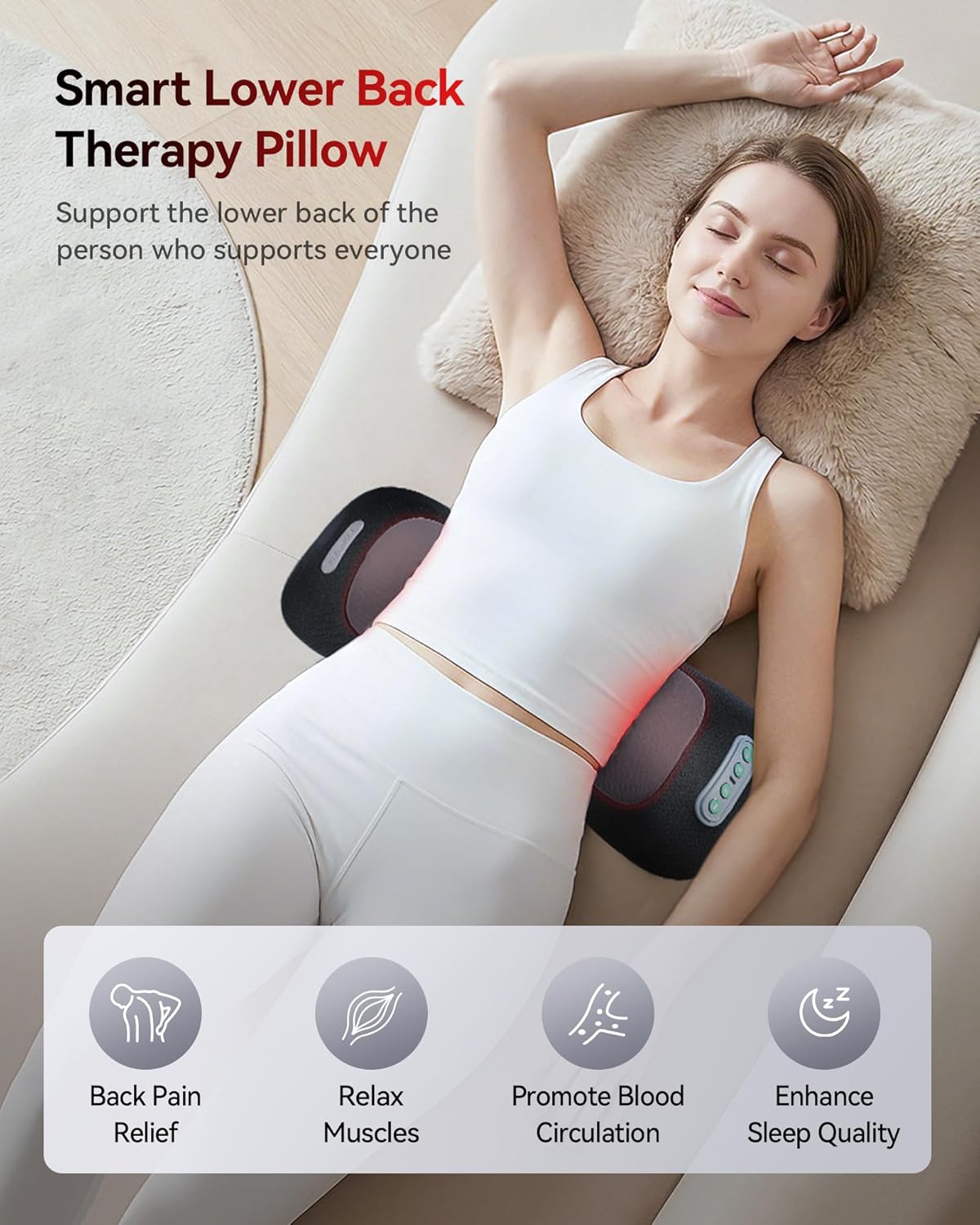 4-in-1 Lumbar Support Pillow with Red Light 650nm 850nm, Lumbar Massager Cordless Rechargeable 5000mAh, Lower Back Massager with Vibration, Airbag Traction & Heating for Back Waist Comfort, Black