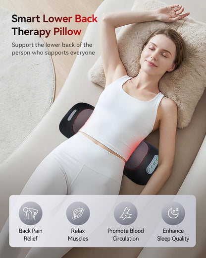 4-in-1 Lumbar Support Pillow with Red Light 650nm 850nm, Lumbar Massager Cordless Rechargeable 5000mAh, Lower Back Massager with Vibration, Airbag Traction & Heating for Back Waist Comfort, Black