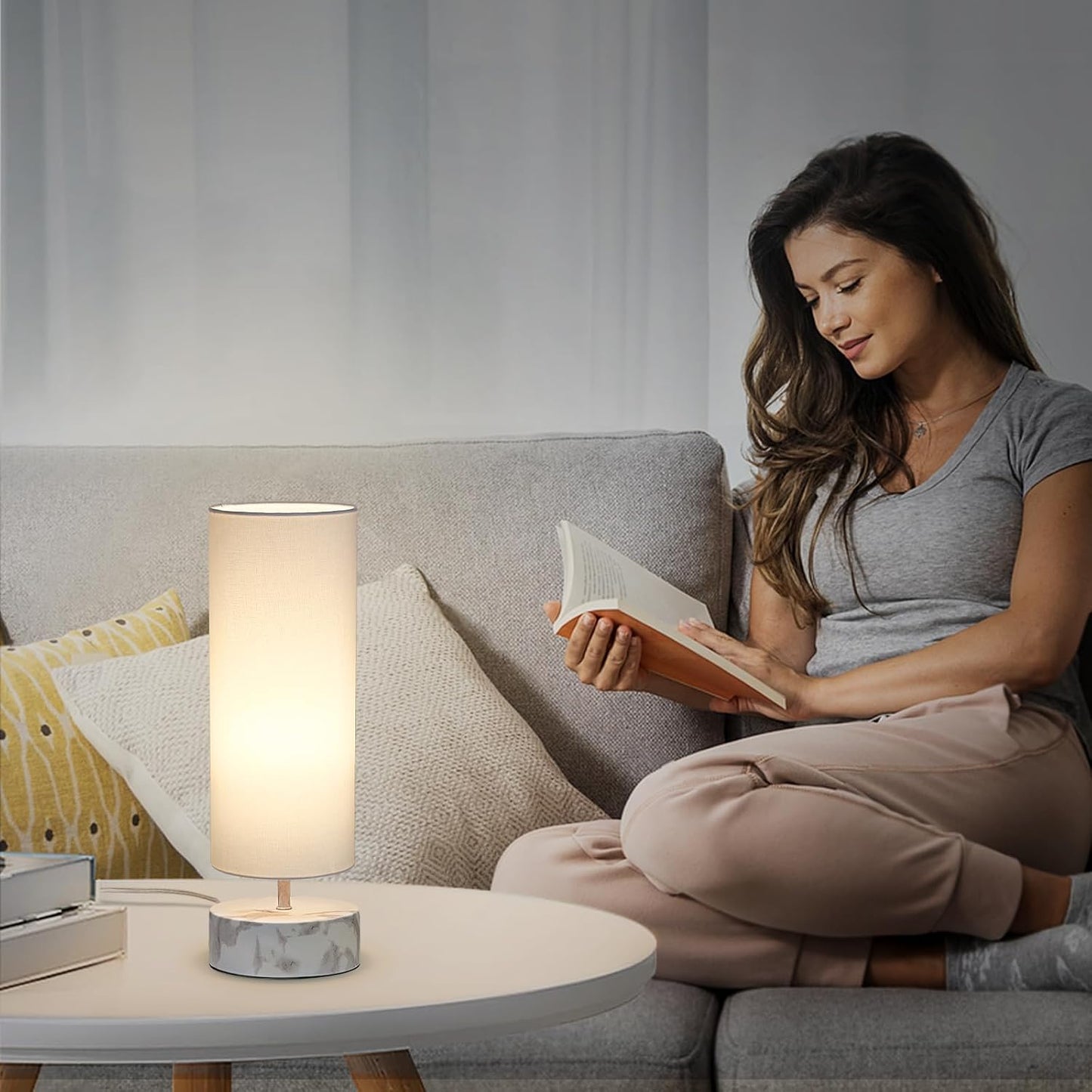 Touch Table Lamp, 3-Way Dimmable Modern Minimalist Accent Bedside Lamp with Cylinder Fabric Shade, Night Light Nightstand Desk Lamp for Bedroom Living Room Kitchen, 9W LED Bulb Included