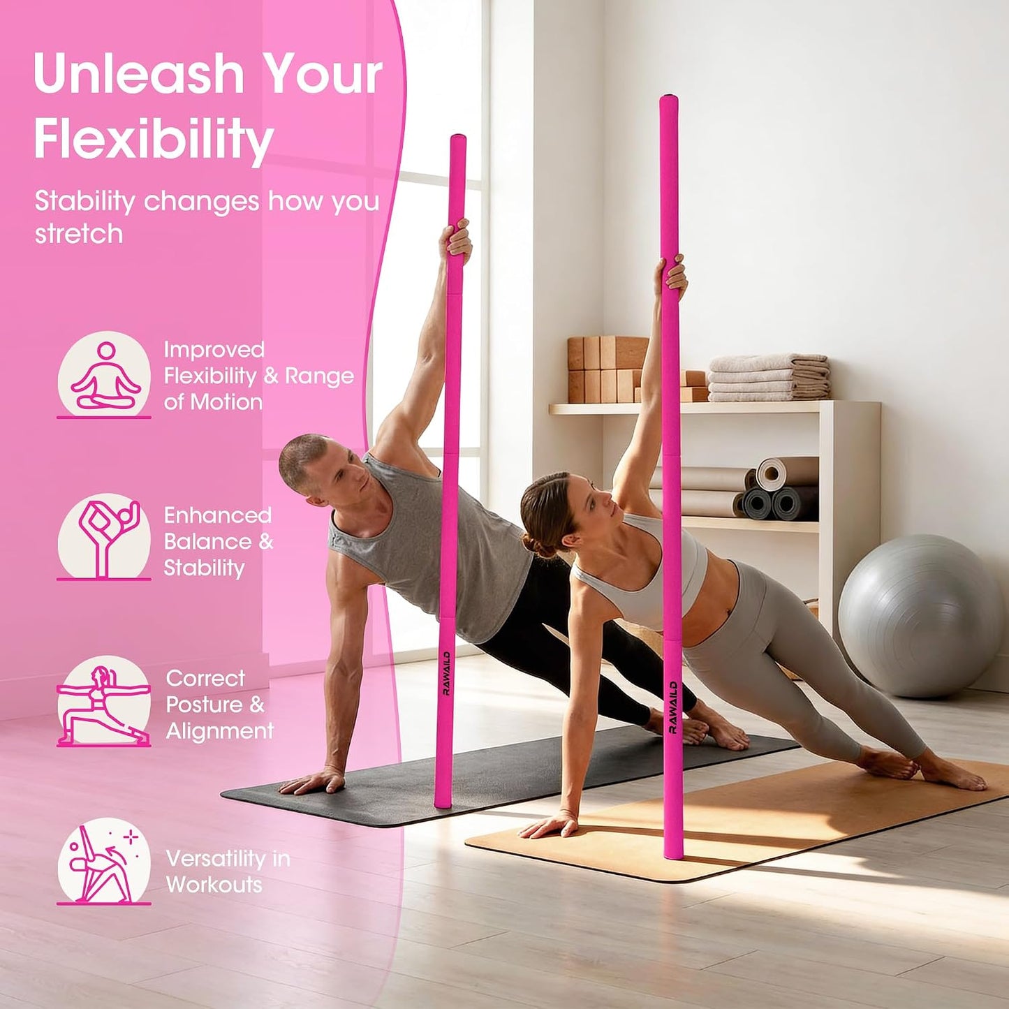 Yoga Stick, Upgraded 5ft Sturdy Steel Mobility Stick, Adjustable Exercise Equipment for Stretching, Flexibility & Balance, Physical Therapy & Posture Correction, Shoulder & Back Relaxation