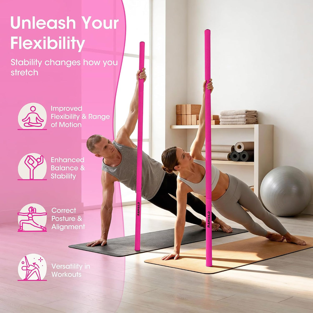 Yoga Stick, Upgraded 5ft Sturdy Steel Mobility Stick, Adjustable Exercise Equipment for Stretching, Flexibility & Balance, Physical Therapy & Posture Correction, Shoulder & Back Relaxation