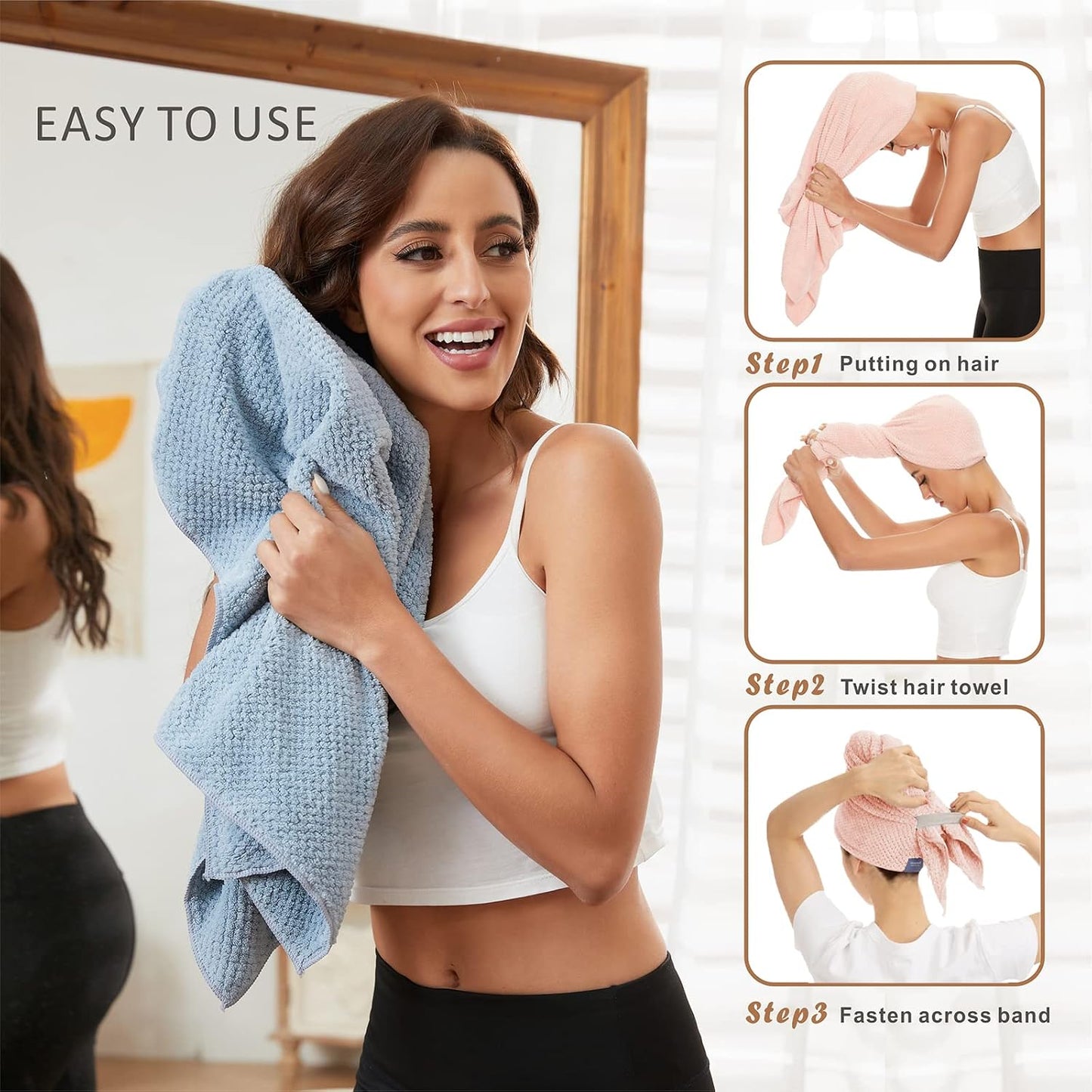 Large Microfiber Hair Towel Wrap for Women, Anti Frizz Drying Towel, Fast Dry Turban Wet Hair, Long, Thick, Curly Super Absorbent Soft Towels - White