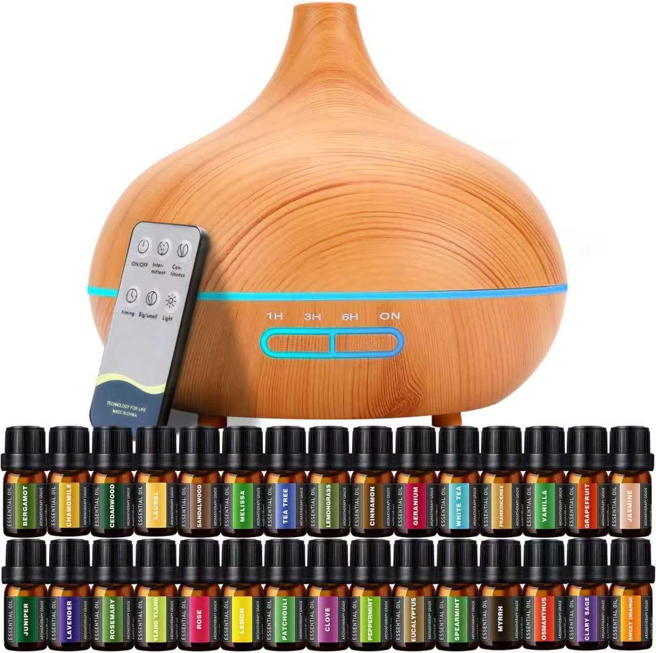 SACATR 550ml Oil Diffuser with 30x5 mL Essential Oils, Ultrasonic Technology, Remote Control for Home Office