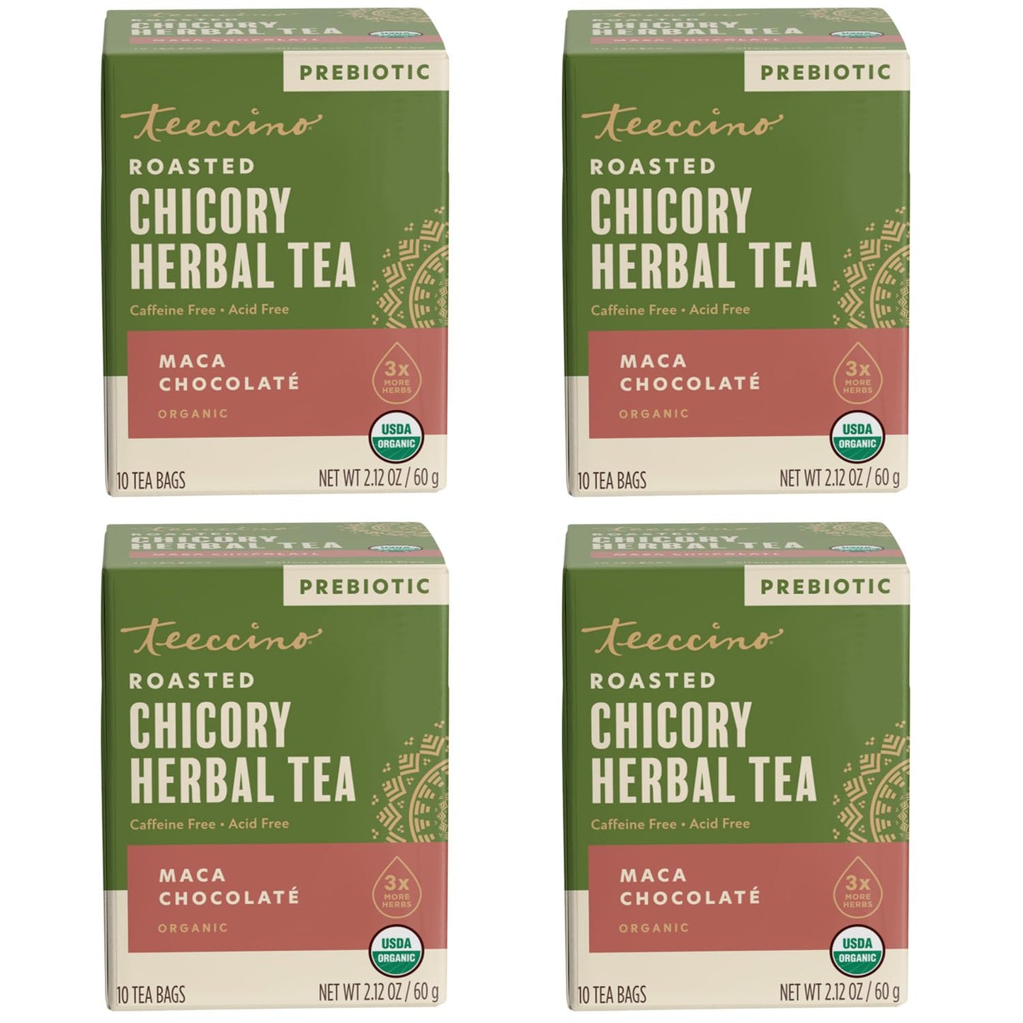 Teeccino Herbal Tea Sampler Assortment - 12 Tea Bags - Maca Chocolaté, French Roast, Hazelnut, Vanilla Nut - Roasted Caffeine Free Herbal Tea, Prebiotic for Natural Energy
