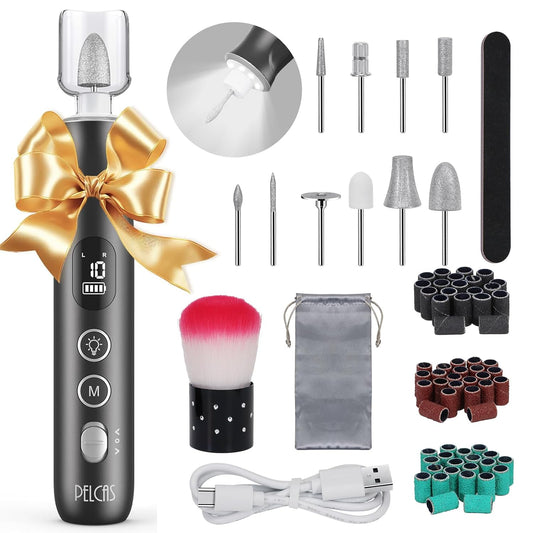 PELCAS Electric Nail Grinder, 10 Speeds Cordless Nail Drill with LED Light