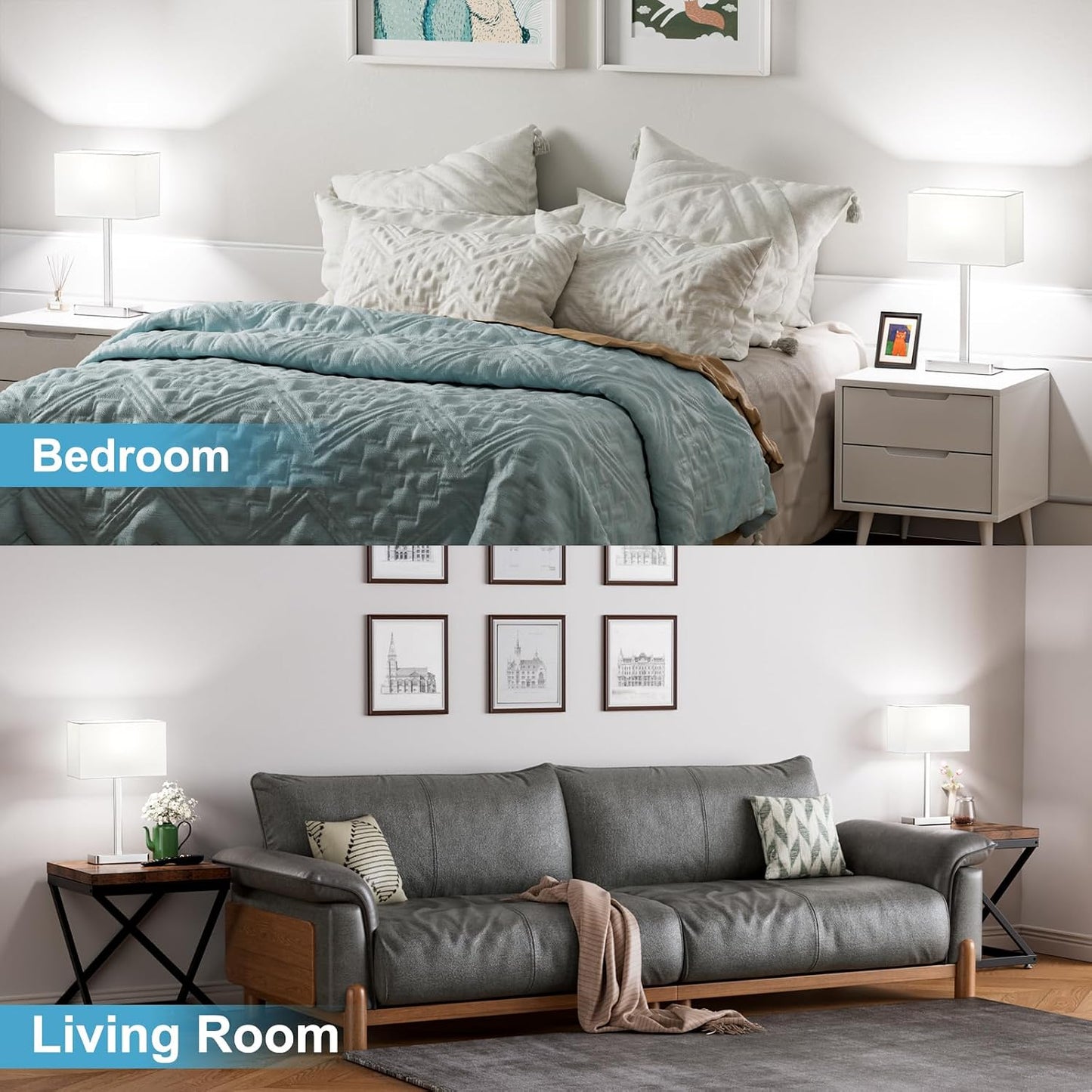 Hong-in Touch Lamps for Bedroom - 3-Way Dimmable Bedside Lamps Set of 2 with USB C+A, Grey Modern Table Lamp for Night Stands, Desk Lamp for Living Room Nightstand End Tables Bed Side