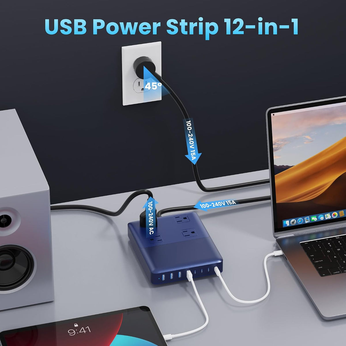 12-in-1 Charging Station USB C Power Strip with 5ft Cord and Plug,200W GaN IV USB C Charger Block,4 AC Outlets,8 USB for MacBook,iPhone 17/16/15,Fast Charging Desktop Charger for Office,Home