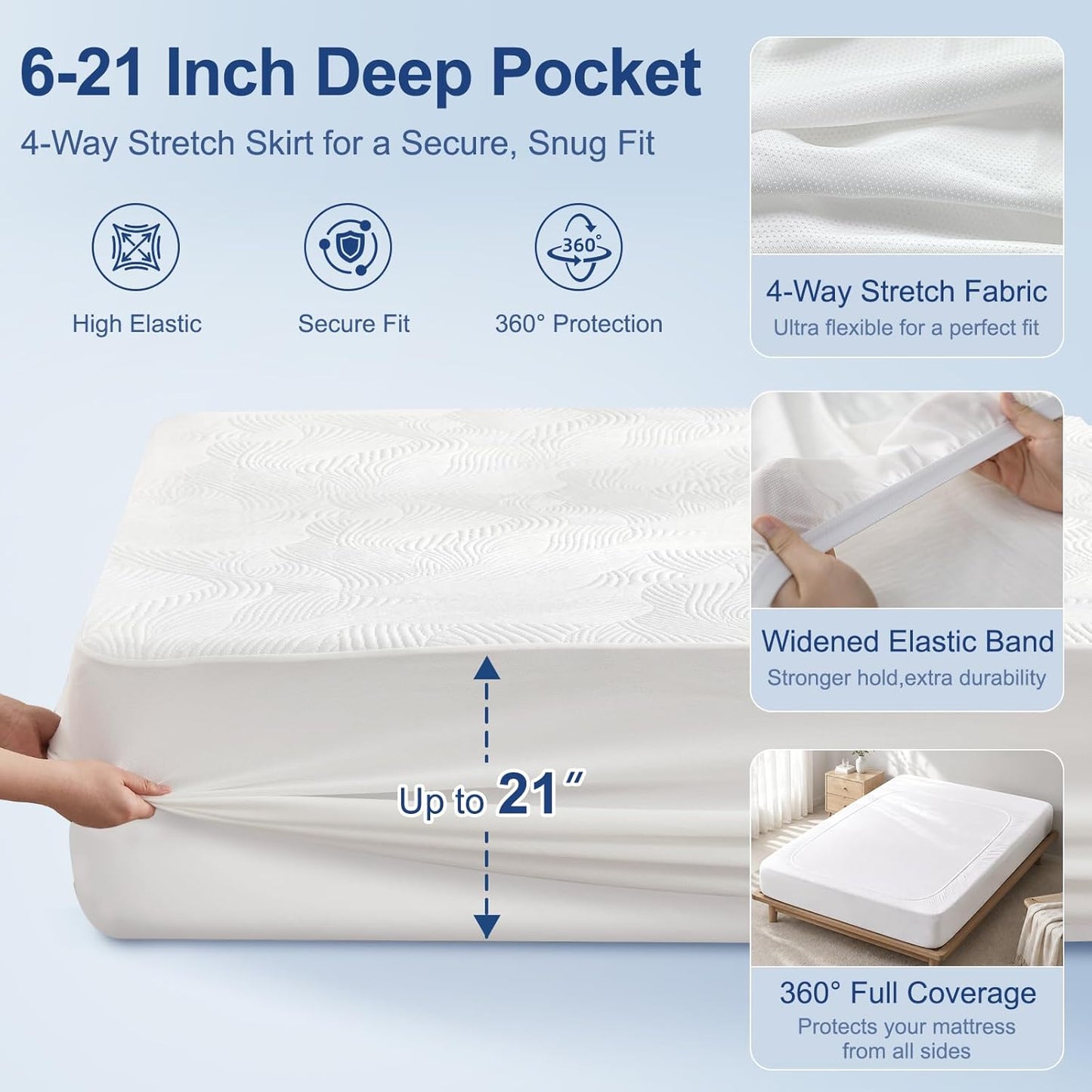 Cooling Waterproof Mattress Protector Queen Size, 400GSM 3D Air Fabric Breathable Mattress Cover, Premium Bed Protector with Deep Pockets, Luxury Noiseless Machine Washable Bed Cover, White