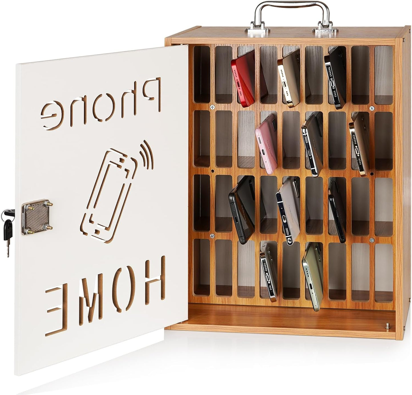 Cell Phone Holder Classroom 36 Slots Wooden Cell Phone Storage Cabinet Pocket Chart with Handle and Security Lock for Classroom Office (36 Grid Cabinet Black)