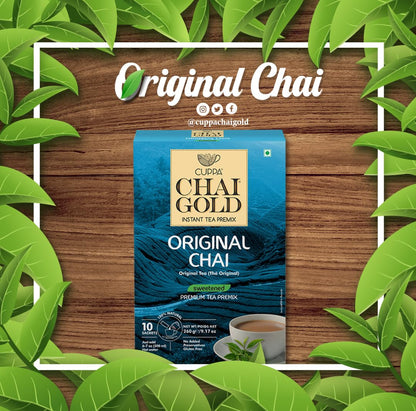 Cuppa Chai Gold Cardamom Chai Instant Tea Premix Unsweetened, No Added Sugar, Rich Cardamom Flavor Tea Beverage Mix, Just Add Hot Water, Convenient Single-Serve Sachets for Home, Office & Travel, Pack of 1 (10 Count)