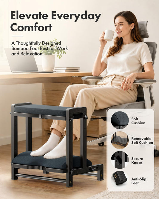 Amazer Bamboo Under Desk Footrest with Cushion 3-in-1, Reversible Ergonomic Wood Rocking Foot Rest for Under Desk at Work, Adjustable Foot Stools with Washable Cover, Desk Leg Rest for Home Office