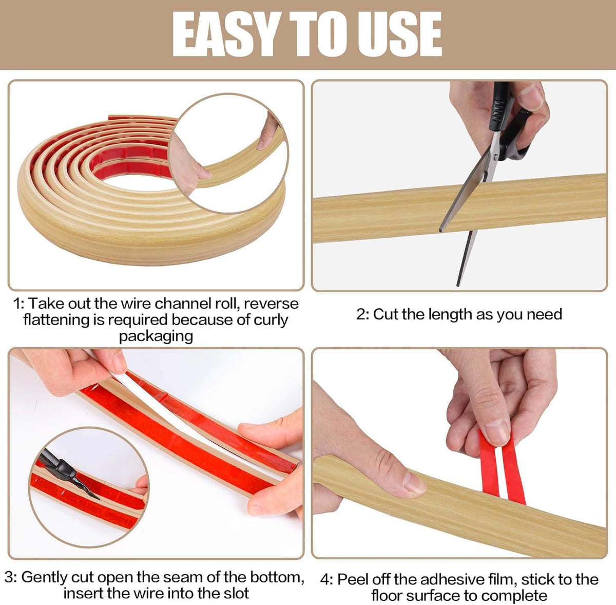 Floor Cord Cover Self Adhesive Cord Hider,10FT Cable Management, Extension Strip Protector for Wires, Prevent Cable Trips for Offices, Gyms, Exhibitions Cavity 0.39"(W) x 0.27"(H) BrownWood