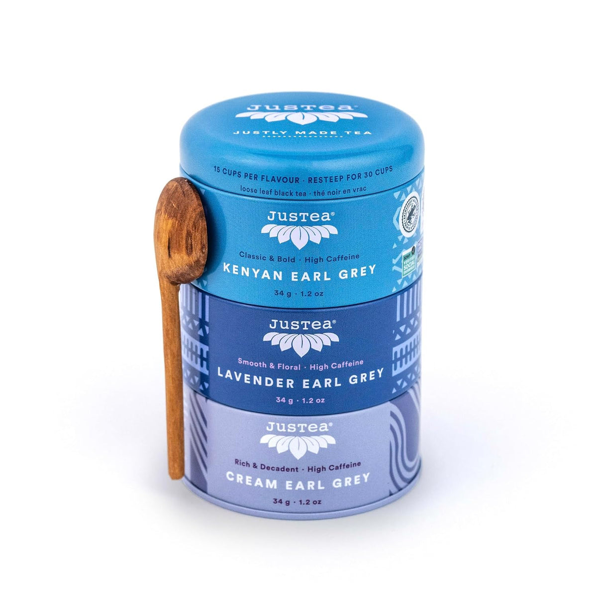 JusTea EARL GREY TEA TRIO 3 Flavour Variety Pack, 45+ Cups Tin with Spoon