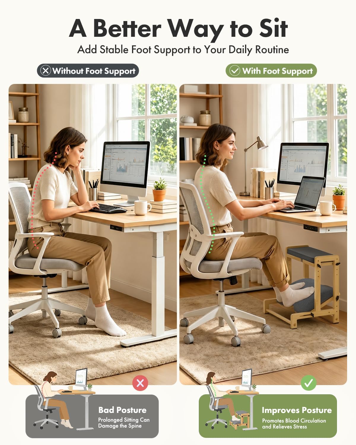 Amazer Bamboo Under Desk Footrest with Cushion 3-in-1, Reversible Ergonomic Wood Rocking Foot Rest for Under Desk at Work, Adjustable Foot Stools with Washable Cover, Desk Leg Rest for Home Office