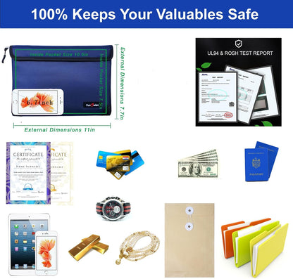 Fireproof Waterproof Money Document Bag, 13.9"x10.6", Blue