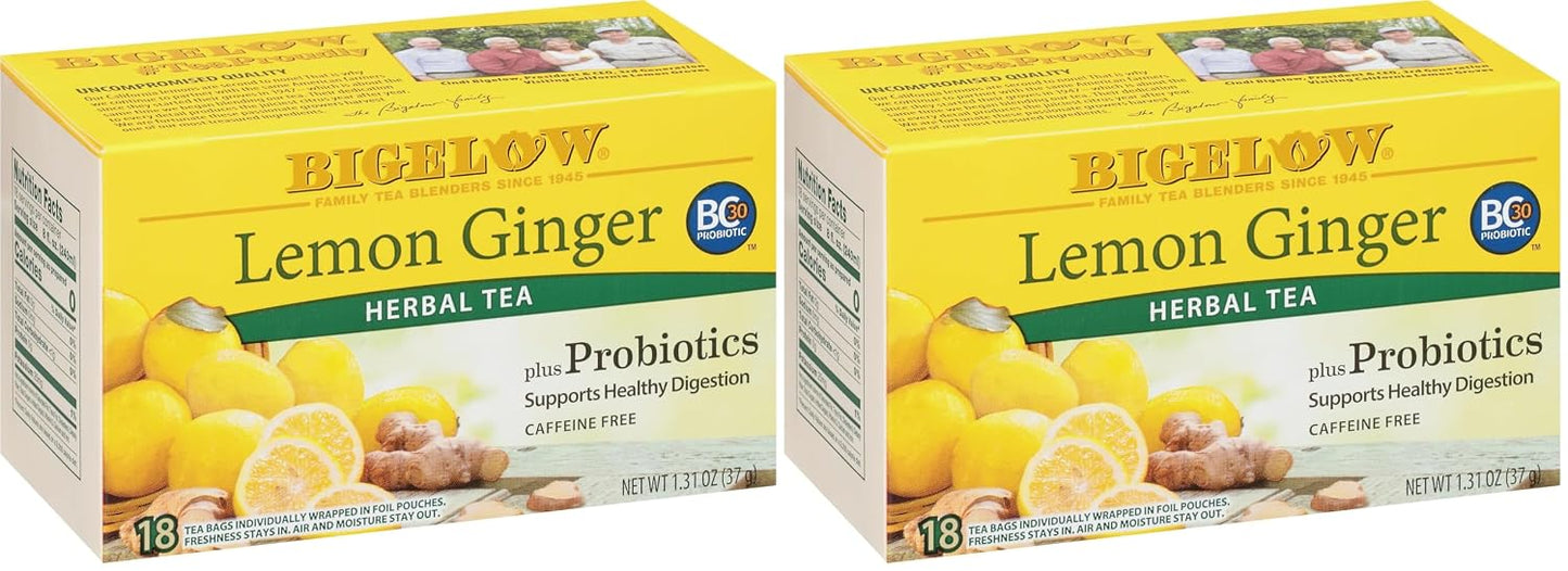 Bigelow Tea Lemon Ginger plus Probiotics Herbal Tea, Caffeine Free Tea with Lemon and Ginger, 18 Count Box (Pack of 6), 108 Total Tea Bags