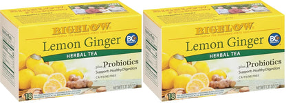 Bigelow Tea Lemon Ginger plus Probiotics Herbal Tea, Caffeine Free Tea with Lemon and Ginger, 18 Count Box (Pack of 6), 108 Total Tea Bags