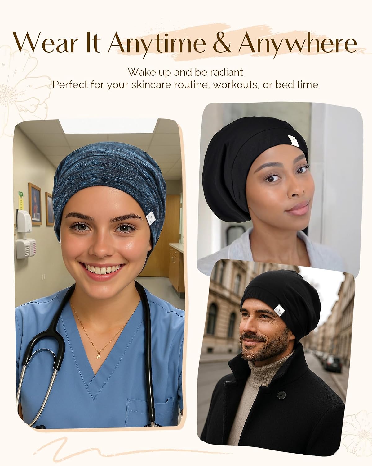 YANIBEST Hair Cover Bonnet Satin Sleep Cap - Adjustable Stay on Silk Lined Slouchy Beanie for Night Sleeping Surgical Hats Pure Black