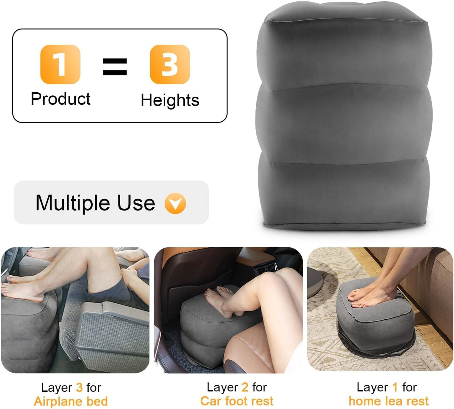 Inflatable Travel Foot Rest Pillow, Kids Airplane Bed, Adjustable Height Leg Pillow for Air Travel, Make a Flat Bed for Kids and Toddlers, Great for Airplane, Train, car（Grey, 1 Pack）