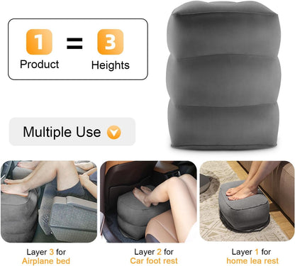 Inflatable Travel Foot Rest Pillow, Kids Airplane Bed, Adjustable Height Leg Pillow for Air Travel, Make a Flat Bed for Kids and Toddlers, Great for Airplane, Train, car（Grey, 1 Pack）