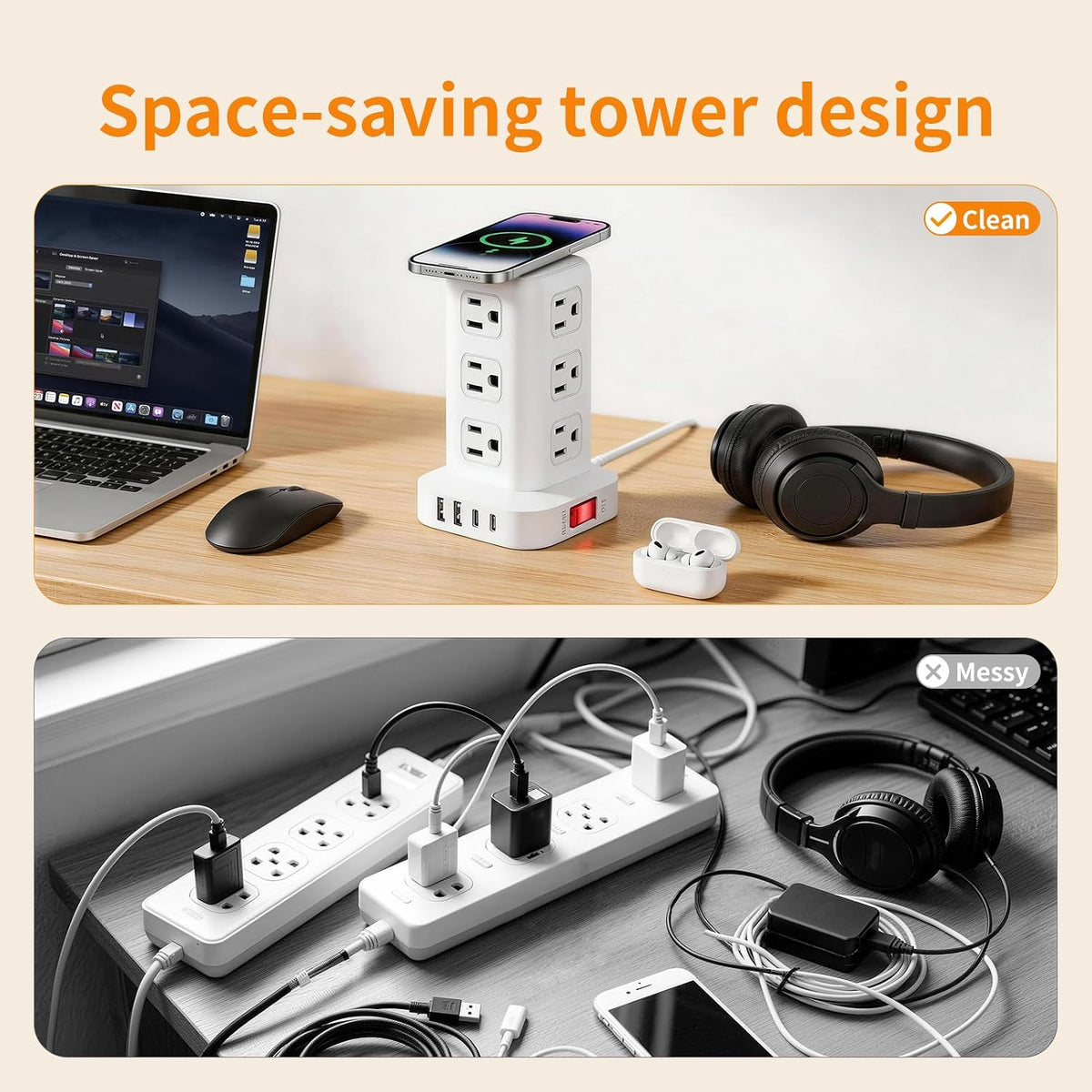 Extension Cord with Multiple Outlets, SMALLRT Power Strip Tower, Outlet Extender with 12 AC Outlets 4 USB, 6.5FT Extension Cord for Home Dorm Room, Office Supplies,Overload Protection