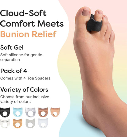 ZenToes Gel Toe Separators for Overlapping Toes, Bunions, Big Toe Alignment, Corrector and Spacer - 4 Pack (White)