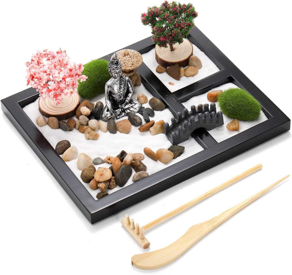 Hiceeden Zen Garden Kit for Desk, 8.5×7 Inches Japanese Mini Zen Garden Accessories, Sand Tray Therapy Kit Meditation Gift for Home Office Desk Decor