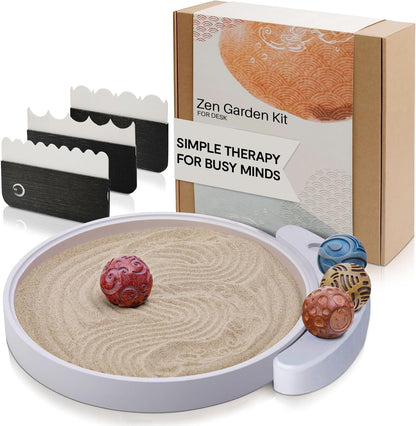 ENSO Zen Garden for Desk, Japanese Bamboo Sand Tray Therapy Kit | Lead-Free Granite Stone, Patented Elemental Design, 1-Inch Deep Bamboo Base, Includes Rake and Brush, Adult and Kids Use