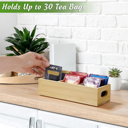 DRASTAR Tea Bag Organizer, Acacia Tea Bag Holder, Tea Storage Containers with 3 Slots, Wooden Tea Storage Accessories, Mini Tea Bag Caddy Box for Countertop