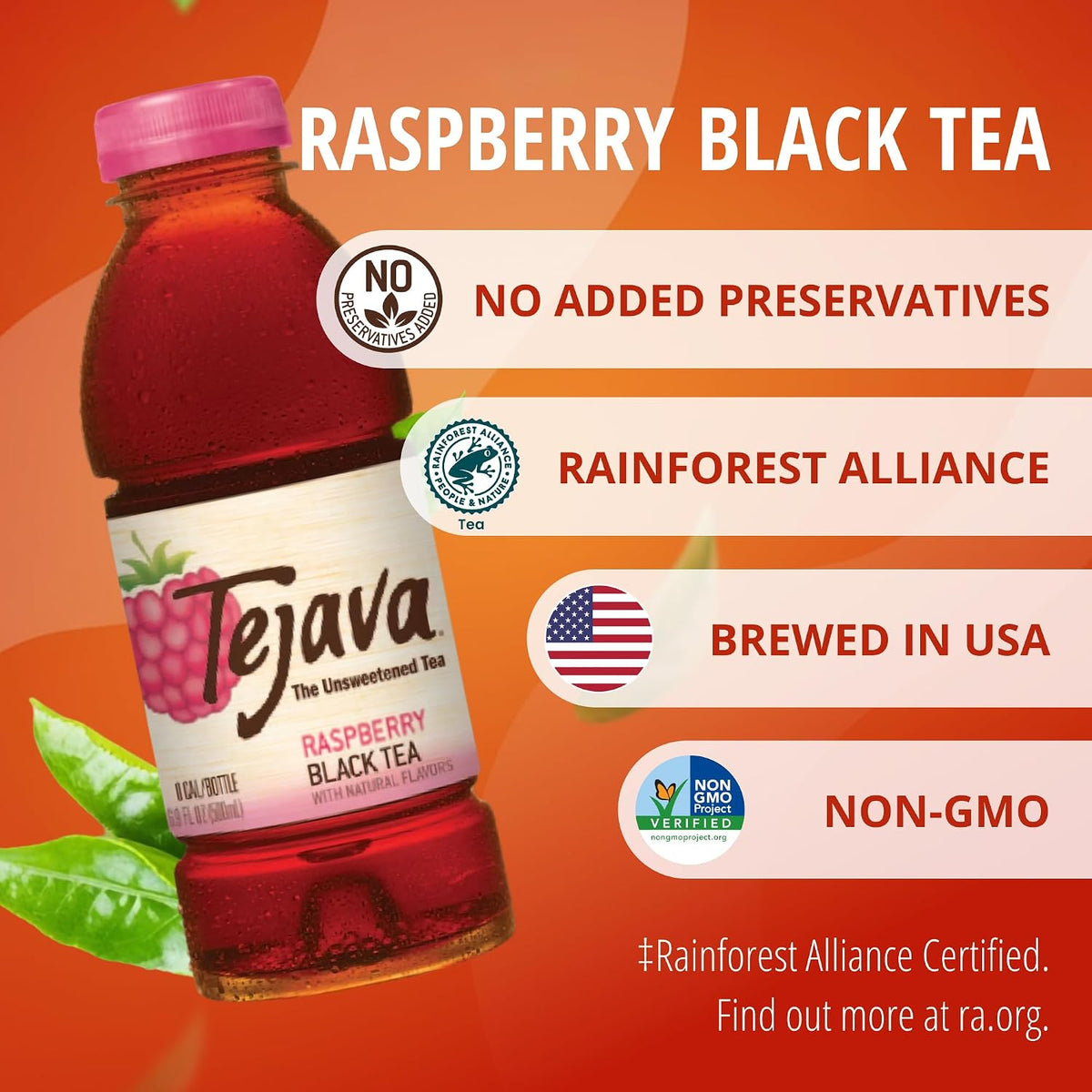 Tejava Unsweetened Raspberry Black Iced Tea, 16.9oz PET Bottles, Award Winning, Non-GMO-Verified, from Rainforest Alliance-Certified farms (12 Pack)