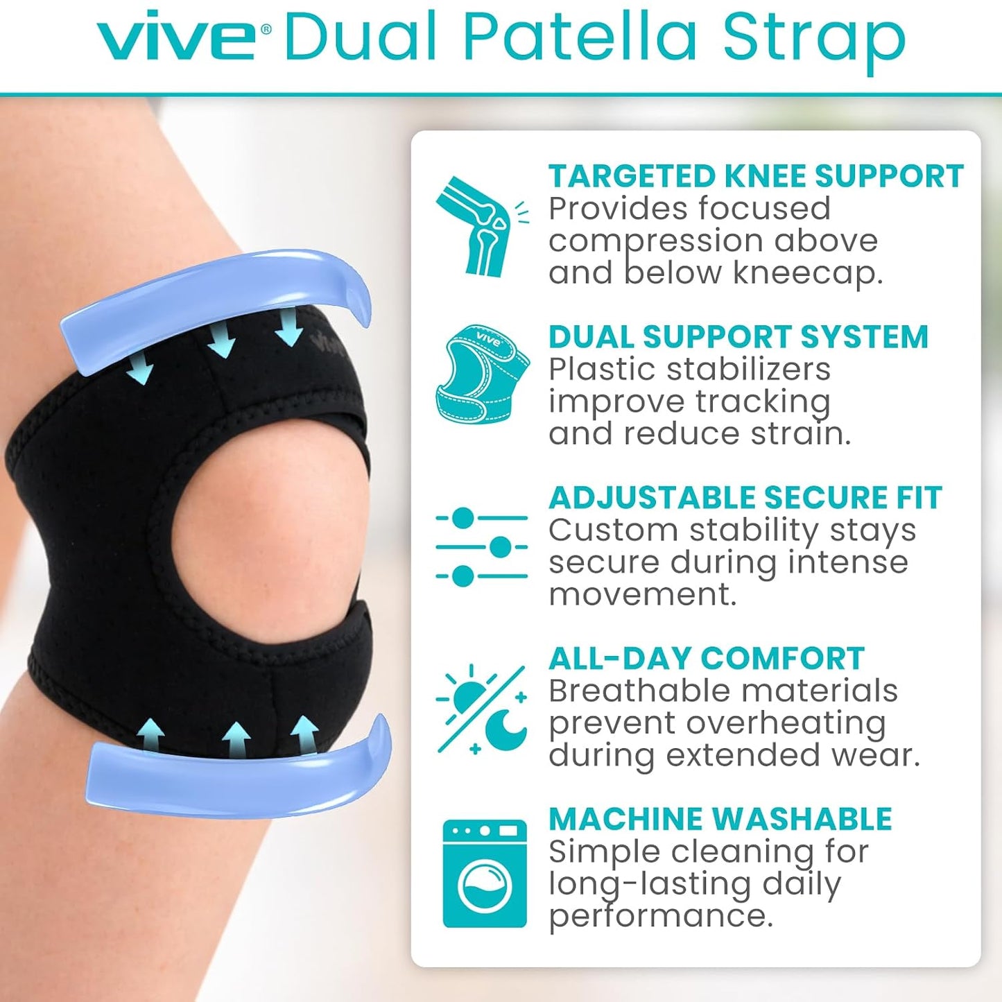 Vive Dual Patellar Tendon Support Strap - Knee Stability Brace for Men & Women, Patella Stabilizer Band for Pain Relief & Mobility, Meniscus, Tendonitis, Running, Arthritis, Injury Recovery (Medium)