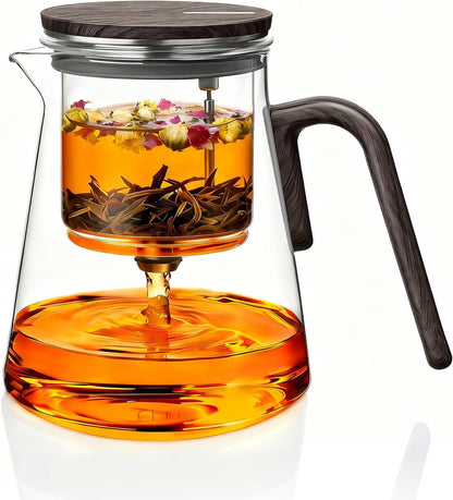 ZENS Magnetic Tea Pot, Enchanted Glass Teapot with Infuser and Magnetic Suction Lid for Mess-Free Loose Tea Diffusers, Walnut Wood Handle, Tea Lovers Gifts