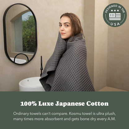 Luxury Organic Japanese Cotton Hair Drying Waffle Towel Wrap for Women | Absorbent, Quick-Dry Head Turban for Shower, Sauna, Spa | Extra Large for Long, Curly, Straight Hair With Button (White, 1 Pc)