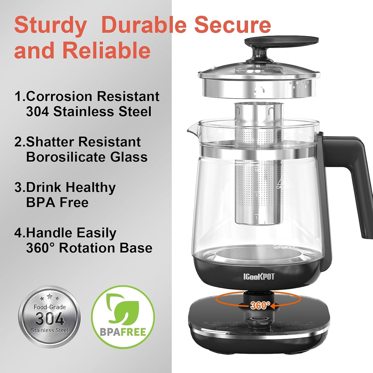 Electric Kettle 1.5L Borosilicate Glass, 1200W Temperature Control Tea Kettle with Auto Shut-Off & Boil-Dry Protection, BPA-Free Stainless Steel Base, Fast Boil for Coffee & Keep Warm, White