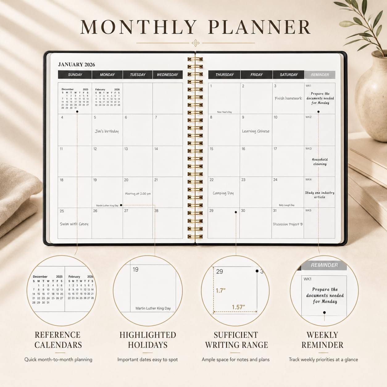 KMQOY Monthly Planner 2026-2027, 2026 Calendar 24 Months Planner, Jan 2026 - Dec 2027, 7.5"x10", Personal Calendar with Monthly Goals, To-Do List, Habit Tracker, 2 years for School Office Home Planning(Black)