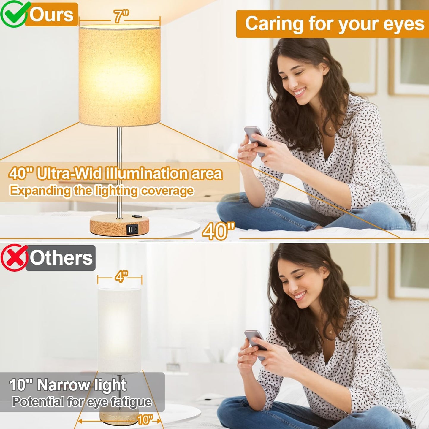 Set of 2 Touch Control Table Lamps with 2 USB & AC Outlet, 3-Way Dimmable Bedside Nightstand Lamps for Bedroom Living Room Nursery, 800 Lumens 5000K Daylight Bulbs Included