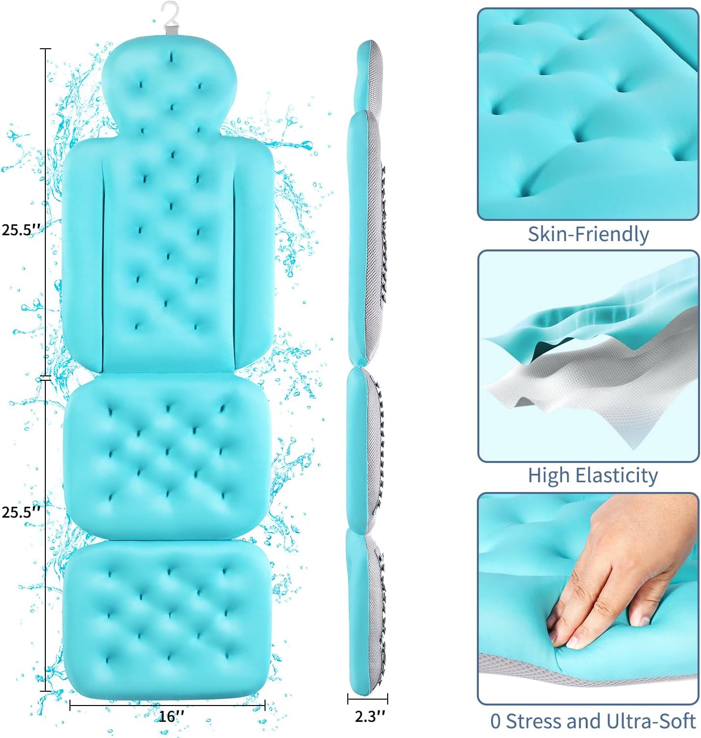 Luxury Bath Cushion, Full Body Bathtub Pillow with 160 Suction Cups, Bath Mat for Head and Neck Support, with Laundry Bag (Light Pink, 51" x 16")
