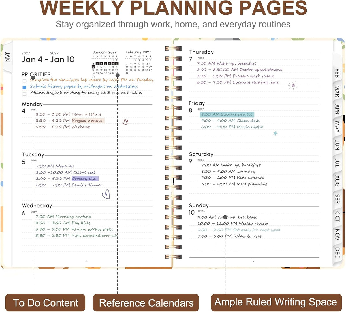 Planner 2026-2027, Weekly and Monthly Calendar Planner, JUL 2026 - JUN 2027 - Colors B