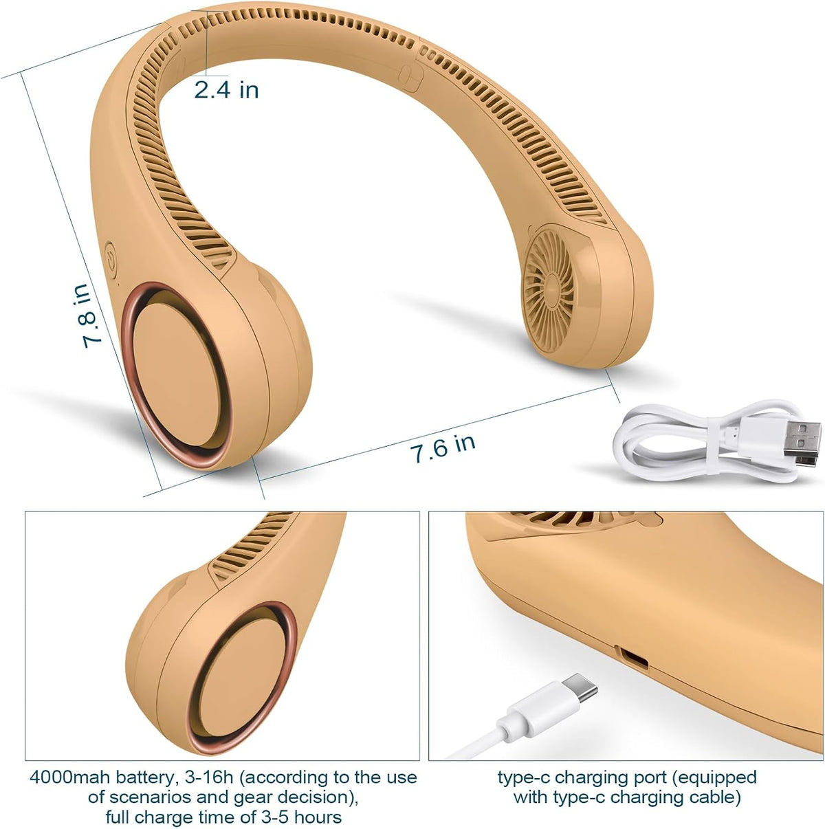 CIVPOWER Neck Fan: Portable Personal Neck Cooling Rechargeable Bladeless Fan - Hands Free 3 Speed 4000 mAh Battery USB Operated Wearable Headphone Design - Gift for Men Women Outdoor (White)