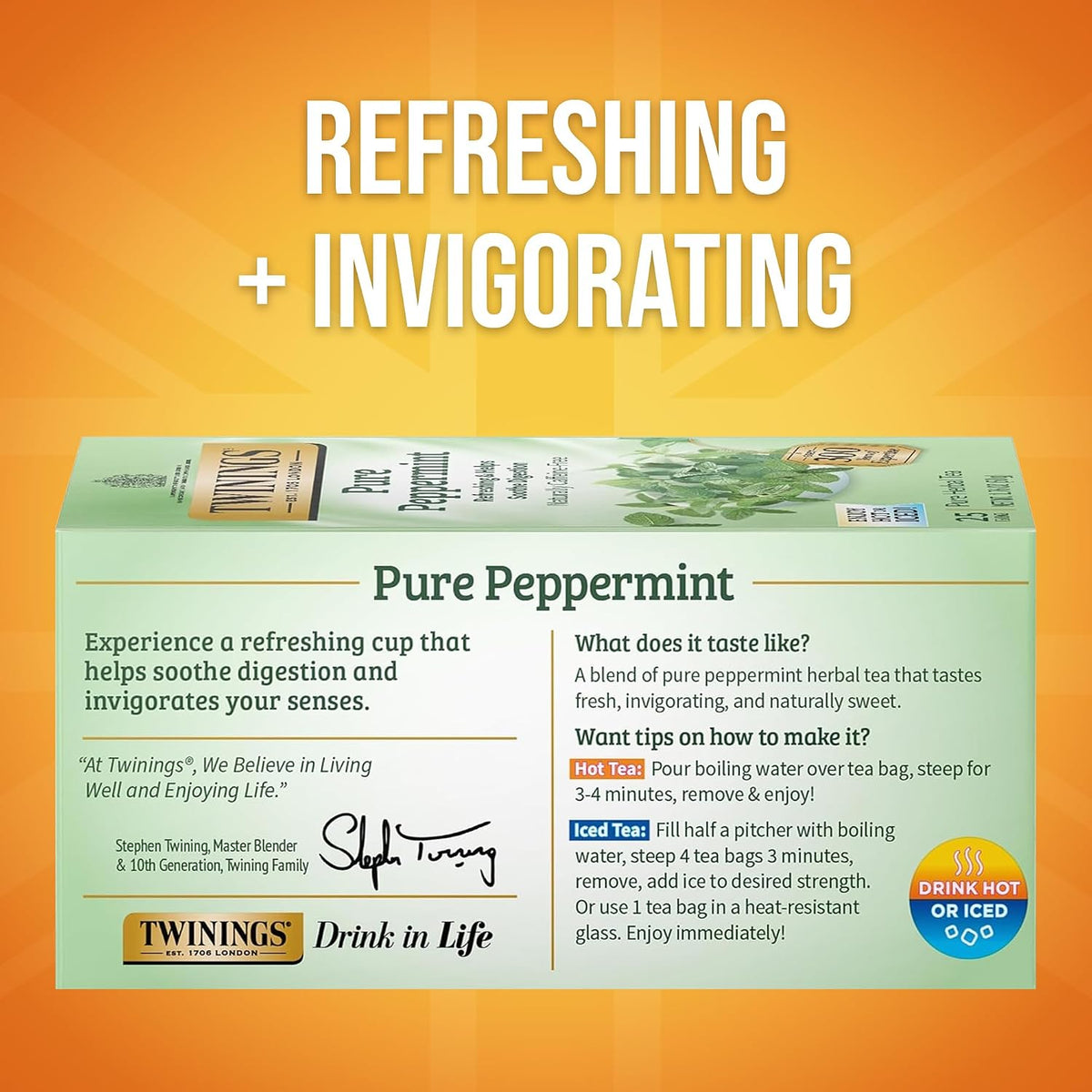 Twinings Pure Peppermint Caffeine-Free Herbal Tea Bags, 25 CT Box (6 Pack)