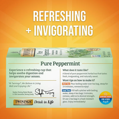 Twinings Pure Peppermint Caffeine-Free Herbal Tea Bags, 25 CT Box (6 Pack)