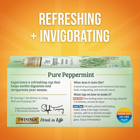 Twinings Pure Peppermint Caffeine-Free Herbal Tea Bags, 25 CT Box (6 Pack)