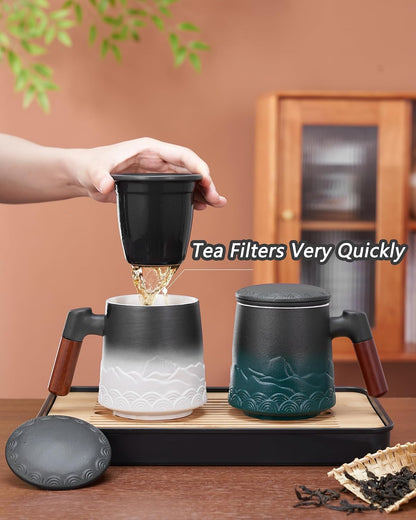 ZENS Embossed Ceramic Tea Mug with Infuser and Lid, 14.5 oz Wooden Handle, Loose Leaf Tea Steeper Cup & Strainer for Tea Lovers Gifts