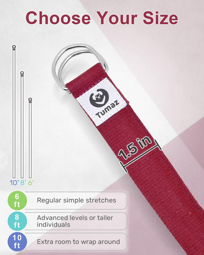 Tumaz Yoga Strap/Stretch Bands [15+ Colors, 6/8/10 Feet Options] with Extra Safe Adjustable D-Ring Buckle, Durable and Comfy Delicate Texture - Best for Daily Stretching, Physical Therapy, Fitness