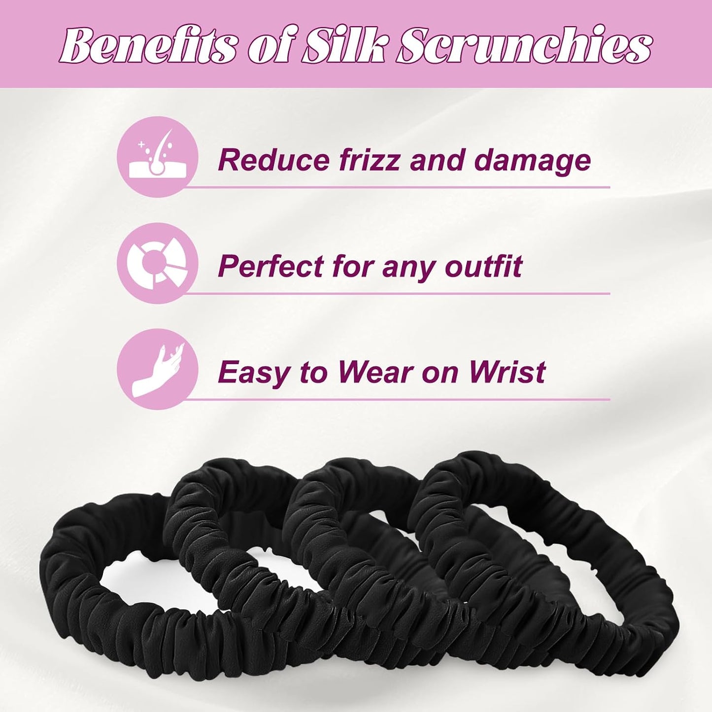 4Pcs Mulberry Silk Scrunchies Set, Silk Hair Ties Elastic for Women, Skinny Scrunchies Reduces Breakage for All Hair Types