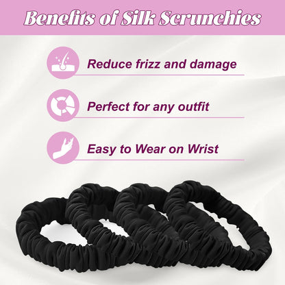 4Pcs Mulberry Silk Scrunchies Set, Silk Hair Ties Elastic for Women, Skinny Scrunchies Reduces Breakage for All Hair Types