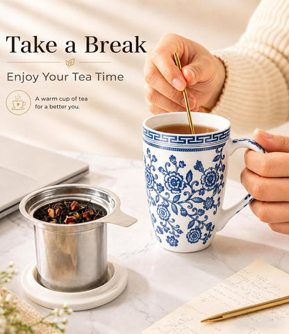 AmorArc 18oz Porcelain Tea Mug with Infuser & Lid, Loose Leaf Tea Cup with Stainless Steel Strainer, Large Coffee Mug Gift for Women, Tea Lovers, Home & Office