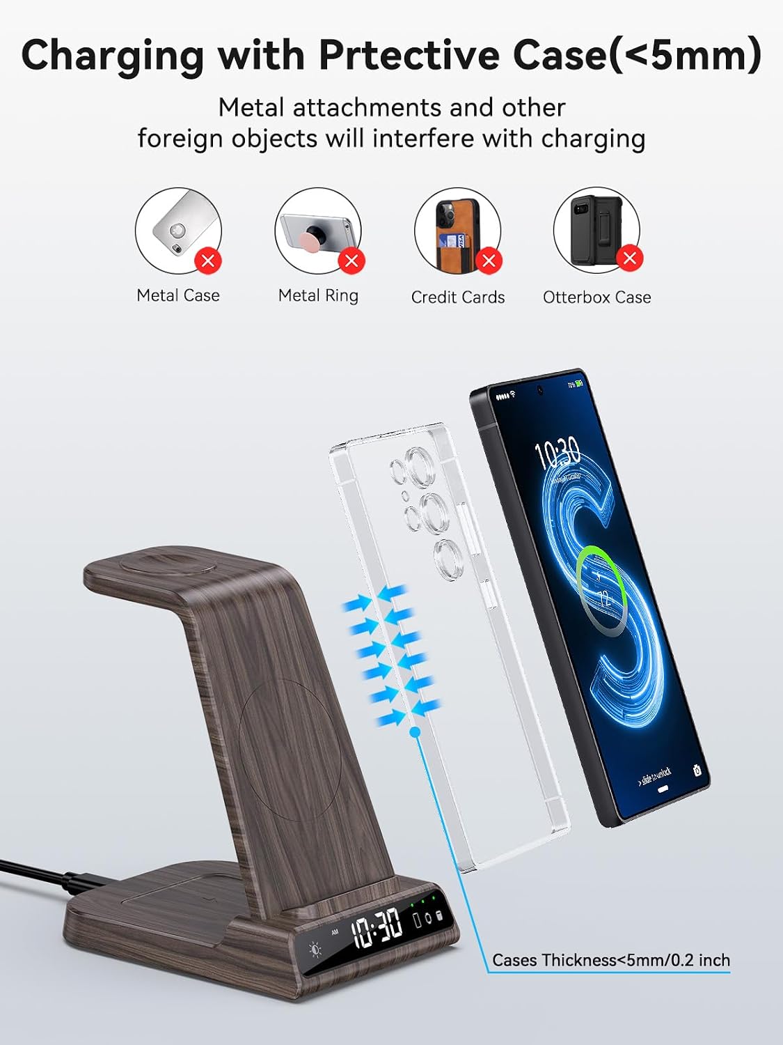 Wireless Charger for Samsung S25 with Clock 3 in 1 Android Charging Station